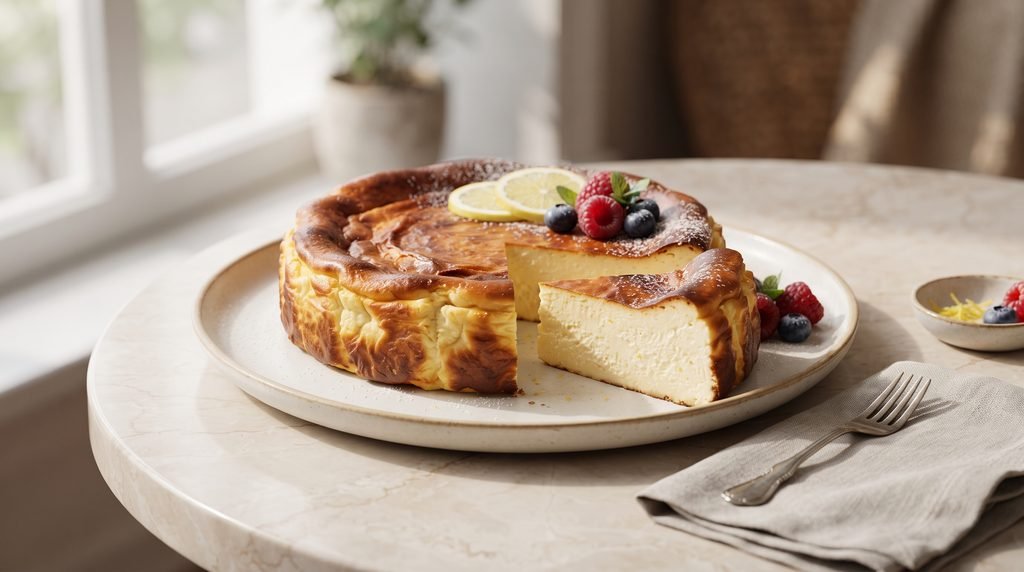 Cheesecake crémeux au citron sans pâte avec une texture fondante et un dessus doré.


